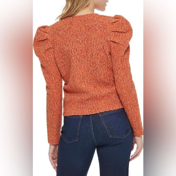 Karl Lagerfeld Paris orange ruffle shoulder cardigan sweater, wool blend, medium - Picture 3 of 14